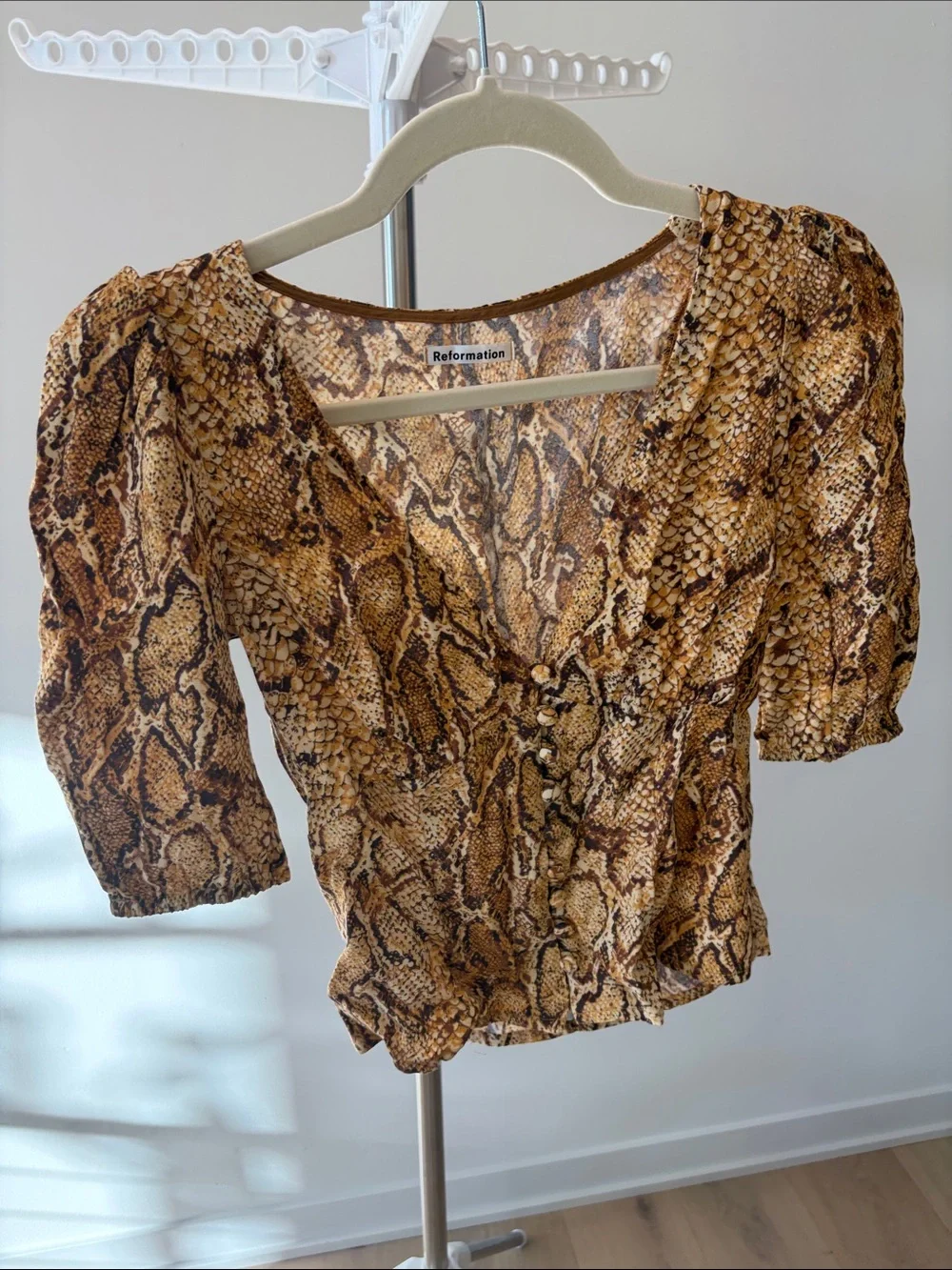 Reformation Brown Tan Snake-Print V-Neck Puff Sleeve Blouse